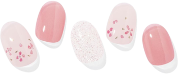 Ohora Rose Diamond, naklejki hybrydowe: pięć wzorów różowego manicure z brokatem, kwiatami i białym french.