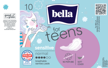 Opakowanie Bella for teens sensitive, 10 oddychających podpasek higienicznych, turkusowo-różowe z rysunkiem.