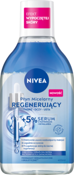 NIVEA Płyn Micelarny Regenerujący z 5% serum, w przezroczystej butelce z niebieskim płynem, widok z przodu.