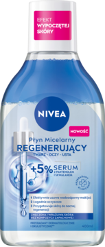 NIVEA Płyn Micelarny Regenerujący z 5% serum, w przezroczystej butelce z niebieskim płynem, widok z przodu.