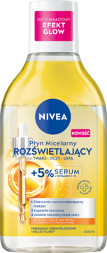 NIVEA Płyn Micelarny Rozświetlający +5% Serum z witaminą C, żółta butelka, front, napis EFEKT GLOW.