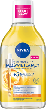 NIVEA Płyn Micelarny Rozświetlający +5% Serum z witaminą C, żółta butelka, front, napis EFEKT GLOW.