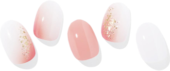 Ohora Peach Melba: pięć hybrydowych naklejek na paznokcie, różowo-brzoskwiniowe z płatkami złota i jednolite.
