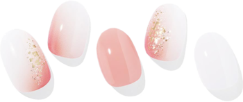 Ohora Peach Melba: pięć hybrydowych naklejek na paznokcie, różowo-brzoskwiniowe z płatkami złota i jednolite.