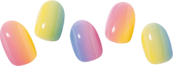 Pięć błyszczących naklejek hybrydowych Ohora Pastel z tęczowym gradientem: różowo-żółtym, zielonym i fioletowo-różowym.