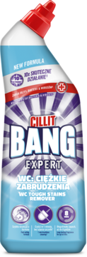 Cillit Bang Expert żel do WC, biało-niebieska butelka z czerwoną nakrętką, widok z przodu, napis "Tough Stains Remover".