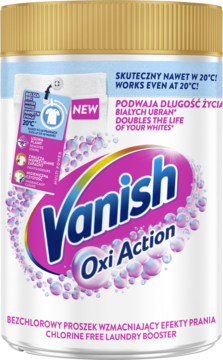 Biały pojemnik bezchlorowego proszku Vanish Oxi Action do białych, z napisem 20°C, widok z przodu.