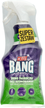 Odtłuszczacz Cillit Bang Zero Tłuszczu w fioletowo-zielonej butelce z atomizerem, widok z przodu, z naklejką SUPER ZESTAW.