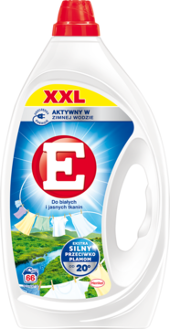 Biała butelka żelu do prania E XXL do białych ubrań, skuteczny w zimnej wodzie od 20°C, widok z przodu.