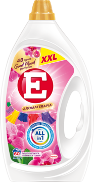 Biały żel do prania E Aromaterapia Orchidea XXL do tkanin kolorowych i ciemnych, z motywem różowych orchidei.