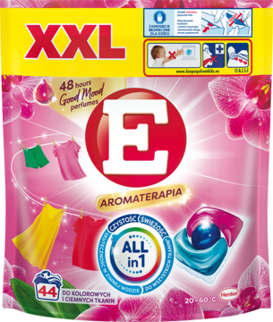 Opakowanie kapsułek E XXL Aromaterapia Orchidea do tkanin kolorowych, różowe z logo i orchideami, front.