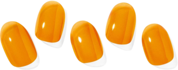 Zbliżenie na pięć błyszczących naklejek Ohora Tangerine w kolorze mandarynki, z białymi podstawami.