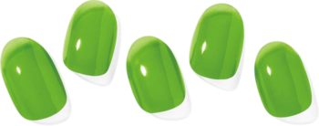 Pięć błyszczących, półprzezroczystych zielonych naklejek hybrydowych Ohora Tint Green z białą podstawą.