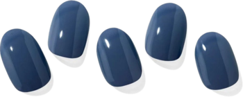 Pięć owalnych, błyszczących naklejek Ohora Creamy Indigo do paznokci w ciemnoniebieskim kolorze, ułożonych wachlarzowo.