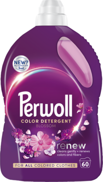 Perwoll Renew Blossom płyn do prania kolorów, fioletowa butelka z różowymi kwiatami, widok z przodu, 60 prań.
