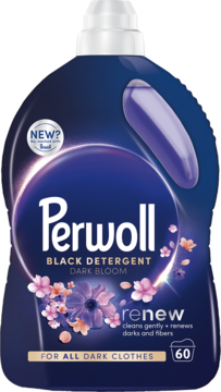 Płyn Perwoll Renew Black Detergent Dark Bloom do ciemnych ubrań, butelka z uchwytem, widok z przodu.
