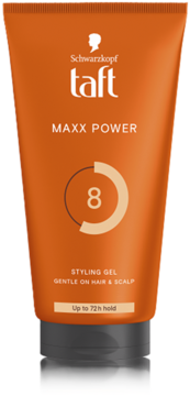 Schwarzkopf Taft Maxx Power pomarańczowy żel, tubka, z przodu, poziom utrwalenia 8, delikatny dla skóry.
