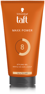 Schwarzkopf Taft Maxx Power pomarańczowy żel, tubka, z przodu, poziom utrwalenia 8, delikatny dla skóry.