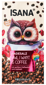 Sól Isana 'OWL I WANT IS COFFEE' z kawą i jojobą. Opakowanie z sową w filiżance i ziarnami kawy.