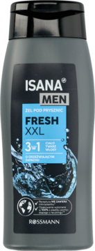 Isana Men Fresh XXL żel pod prysznic 3w1, szara butelka z niebieską etykietą i grafiką wody, widok z przodu.