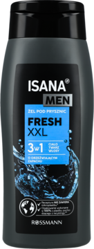 Isana Men Fresh XXL żel pod prysznic 3w1, czarna butelka, niebieska etykieta, odświeżający zapach, przód.