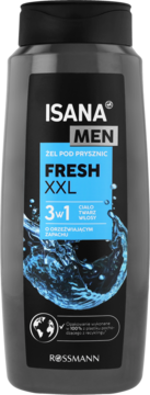 Żel pod prysznic Isana Men Fresh XXL 3w1 do ciała, twarzy i włosów, szara butelka, widok z przodu.