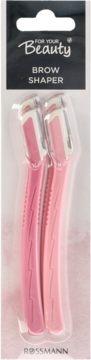 Dwa różowe nożyki do brwi For your Beauty Brow Shaper w przezroczystym opakowaniu Rossmann, widok z przodu.