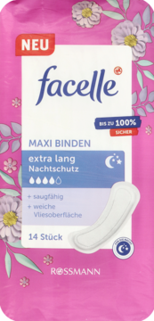 Nowe różowe opakowanie podpasek Facelle Maxi extra lang Nachtschutz, z widocznym białym wkładem.