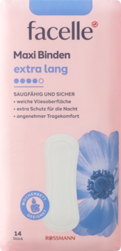 Różowe opakowanie podpasek Facelle Maxi Extra Lang (14 szt.) z niebieskim kwiatem i białą podpaską, na noc i połóg.