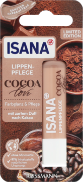 ISANA Lippenpflege Cocoa, balsam do ust w blistrze, z kakao, delikatny kolor, widok z przodu.