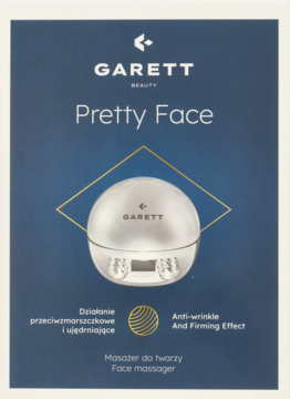 Front opakowania Garett Beauty Pretty Face. Srebrny masażer do twarzy z funkcją przeciwzmarszczkową i ujędrniającą.