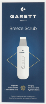 Garett Beauty Breeze Scrub, biały ultradźwiękowy peeling do twarzy, widok z przodu na granatowym tle.
