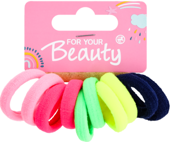 Kolorowe, miękkie gumki do włosów w 5 odcieniach, na różowym opakowaniu z napisem "FOR YOUR Beauty", widok z przodu.