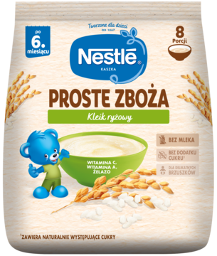 Nestle Proste Zboża kleik ryżowy dla niemowląt, beżowa torebka z misiem i miską kaszki. Bez cukru, po 6. miesiącu.