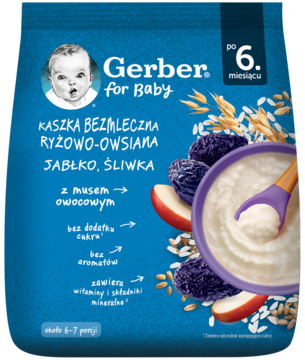 Granatowa torebka Gerber Kaszka Ryżowo-Owsiana Jabłko, Śliwka dla niemowląt po 6. miesiącu życia, widok z przodu.