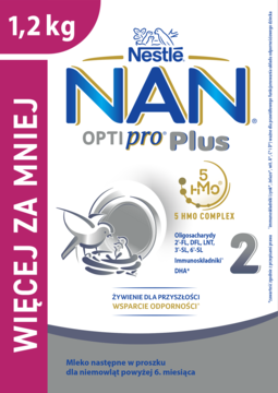 Biało-niebieskie opakowanie mleka Nestle NAN Optipro Plus 2 HMO 1,2 kg dla niemowląt pow. 6 m-ca.