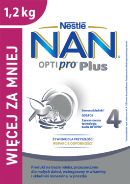 Białe opakowanie Nestlé NAN OPTIpro Plus 4, mleko modyfikowane 1,2 kg, z niebieskim logo i grafiką ptaków.