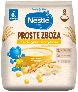 Nestle Proste Zboża kaszka ryżowo-kukurydziana bananowa w beżowej torebce z misiem, przód. Bez glutenu.