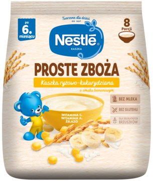Nestle Proste Zboża kaszka ryżowo-kukurydziana bananowa w beżowej torebce z misiem, przód. Bez glutenu.