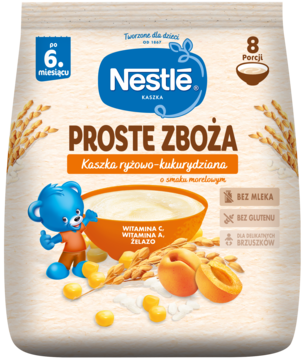 Front beżowej saszetki Nestle Proste Zboża, kaszki ryżowo-kukurydzianej morelowej dla dzieci po 6. m-cu.