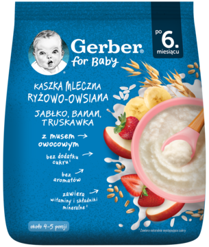 Niebieska paczka Gerber Kaszka Mleczna Ryżowo-Owsiana Jabłko-Banan-Truskawka, z owocami, widok z przodu.