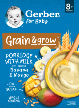 Gerber Grain & Grow Porridge Banan & Mango. Niebieskie opakowanie z ilustracją owoców i zbóż.