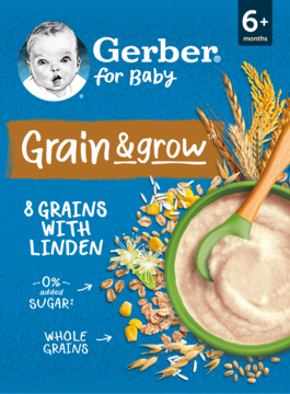 Granulowana kaszka Gerber Grain & grow 8 zbóż z lipą, w niebieskim opakowaniu z grafiką ziaren i miseczką.