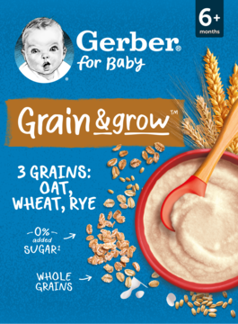 Gerber Grain & grow kaszka zbożowa 6+ miesięcy, niebieskie opakowanie ze zbożami i miseczką.