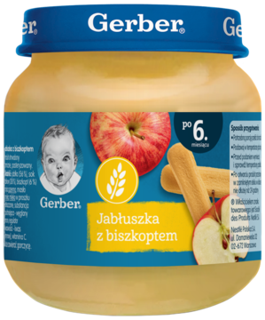 Gerber Jabłuszka z biszkoptem, deser dla dzieci 6+, słoiczek z niebieską nakrętką, jabłko i biszkopt na etykiecie.