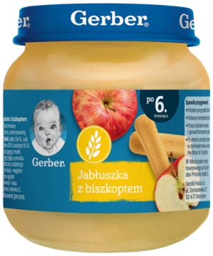 Gerber Jabłuszka z biszkoptem, deser dla dzieci 6+, słoiczek z niebieską nakrętką, jabłko i biszkopt na etykiecie.