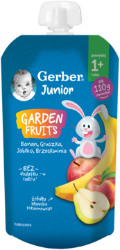 Niebieska tubka Gerber Junior Garden Fruits (banan, gruszka, jabłko, brzoskwinia), 110g, dla dzieci 1+, bez cukru.