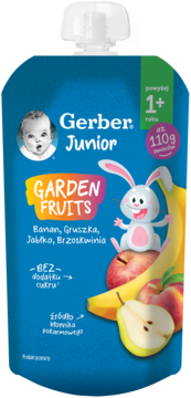 Niebieska tubka Gerber Junior Garden Fruits (banan, gruszka, jabłko, brzoskwinia), 110g, dla dzieci 1+, bez cukru.