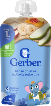 Niebieska tubka Gerber, mus owocowy: banan, gruszka, jabłko, brzoskwinia, bez cukru, ze słoniem, widok z przodu.