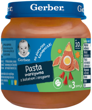 Szklany słoiczek Gerber Pasta warzywna z batatem i oregano dla 10m+, niebieska nakrętka, widok z przodu.